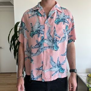 BROWNY VINTAGE (Japan): Pink Floral Print Short Sleeve Button Down Shirt